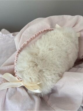 Plush Faux Fur Sleep Mask with Pink Trim and Ivory Ribbon